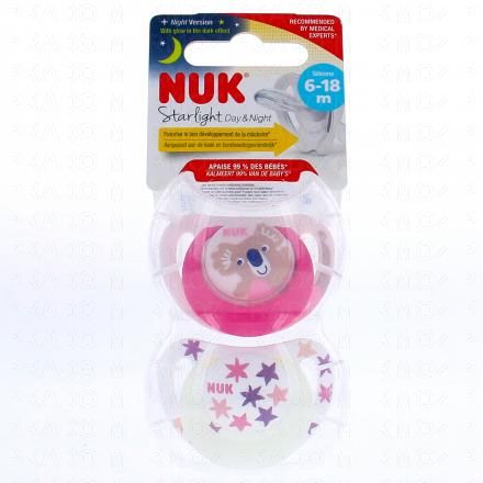 NUK Starlight Jour/nuit - Sucettes 6-18 mois x2 (koala rose)