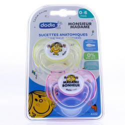 DODIE Monsieur Madame - Sucettes anatomiques 0-6mois x2 monsieur bonheur rose/jaune