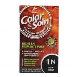 LES 3 CHÊNES Color & soin n°1N noir ébène flacon 60ml de teinture + flacon 60ml de fixateur + un sachet 15ml de baume capillaire + gants