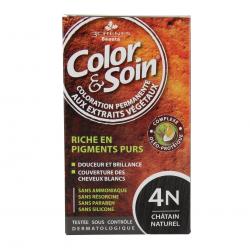 LES 3 CHÊNES Color & soin n°4N châtain naturel flacon 60ml de teinture + flacon 60ml de fixateur + un sachet 15ml de baume capillaire + gants