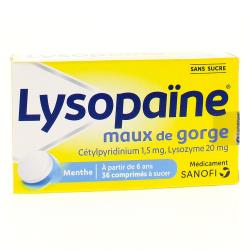 Lysopaïne maux de gorge cetylpyridinium lysozyme sans sucre goût menthe boîte de 36 comprimés