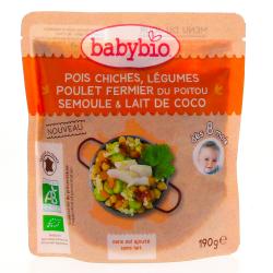 BABYBIO Poche Pois chiches, légumes poulet fermier du Poitou semoule & lait de coco dès 8 mois 190g