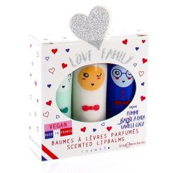 INUWET Love family Trio baumes à lèvres parfumés Pomme, barbe à papa, vanille coco 3x3.5g