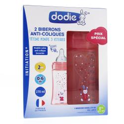 DODIE Biberon Initiation+ anti-colique avec tétine ronde 3 vitesses 270ml duo rose
