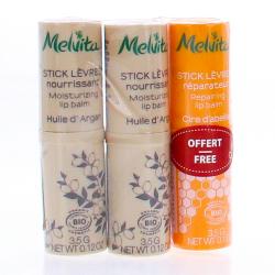 MELVITA L'Argan Bio - Stick lèvres nourrissant 2 sticks argan + 1 stick cire abeille offert